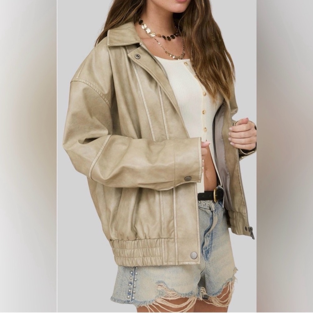Light Taupe Women's Faux Leather Bomber Jacket - New With Tags